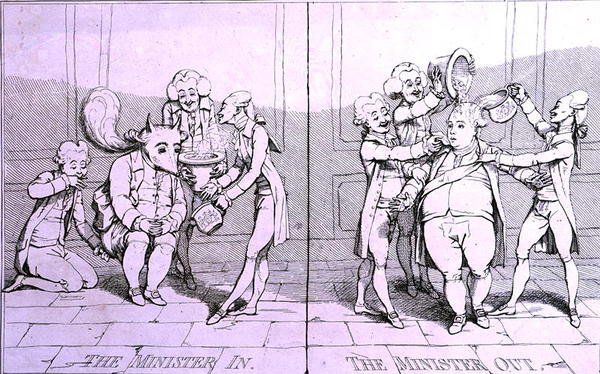 1782年にウィリアム・ハンフリーが出版した「The Minister In - The Minister Out」（エッチング）。 作： ジェームズ・ギルレイ