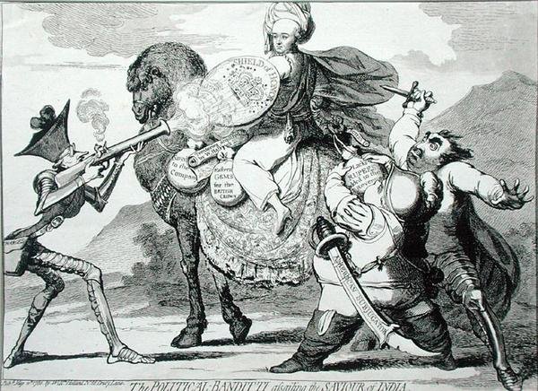 1786年にW.ホランドが出版した「インドの救世主を襲う政治的バンディッティ」（エッチング） 作： ジェームズ・ギルレイ