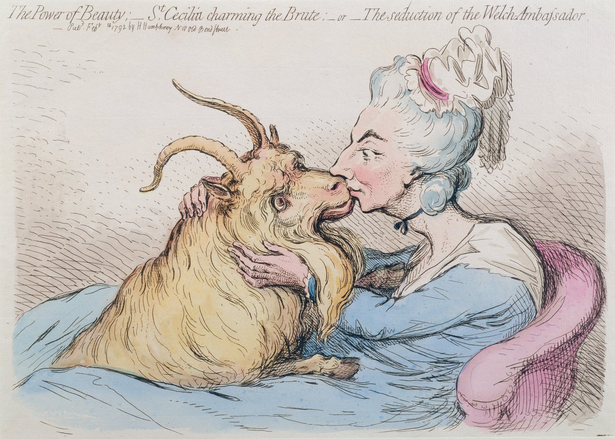美の力：1792年にハンナ・ハンフリーによって出版された「獣を魅惑する聖セシリア、あるいはウェルチ大使の誘惑」（手彩色銅版画） 作： ジェームズ・ギルレイ