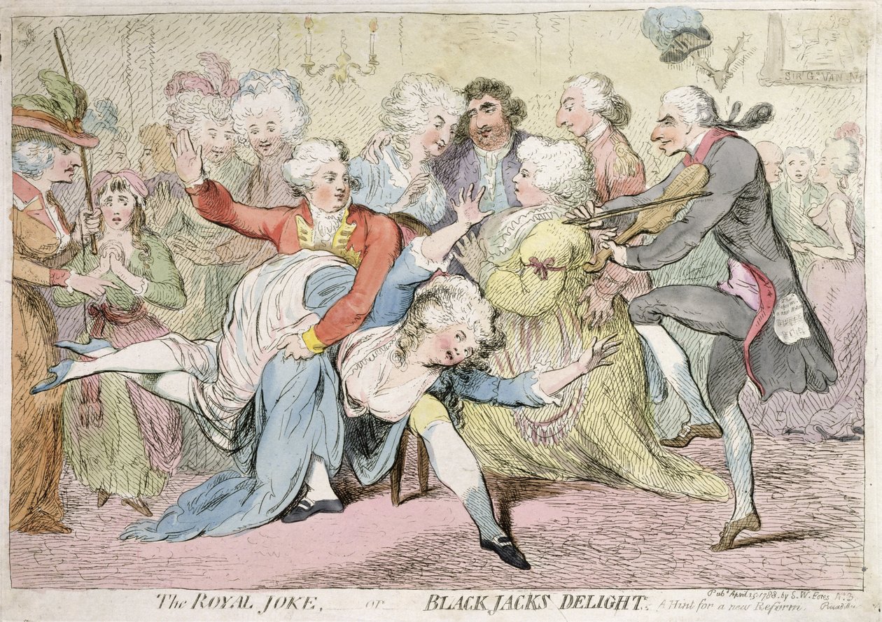 1788年にS.W.フォレスによって出版された「ロイヤル・ジョーク」または「ブラック・ジャックス・ディライト」（手彩色銅版画） 作： ジェームズ・ギルレイ