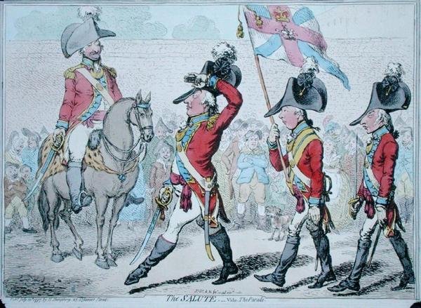 ハンナ・ハンフリーが1797年に出版した「The Salute, or The Parade」（手彩色の銅版画） 作： ジェームズ・ギルレイ