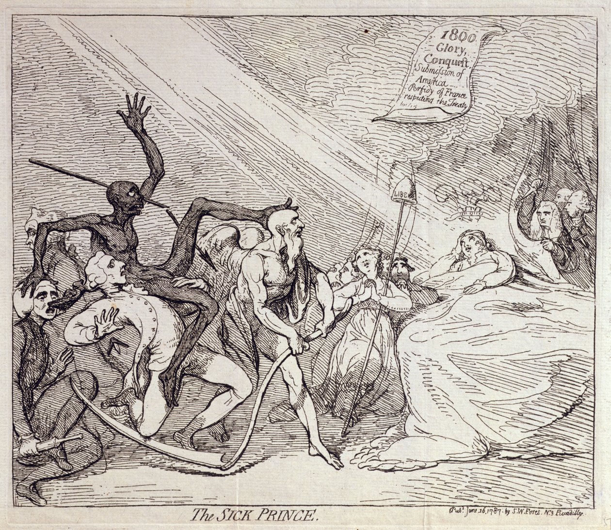 1787年にS.W.フォレスが出版した「病める王子」（エッチング） 作： ジェームズ・ギルレイ