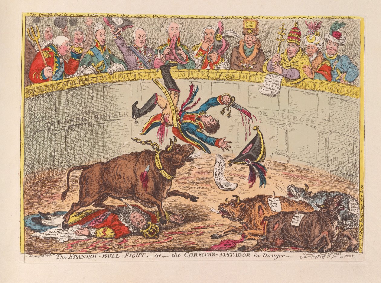 危険、パブのスペイン闘牛またはコルシカマタドール。 1805（手描きの彫刻） 作： ジェームズ・ギルレイ