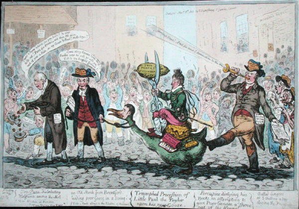 1806年に出版された「リトル・ポール・ザ・テイラーの新しいガチョウの上での凱旋行進」（手彩色のエッチング） 作： ジェームズ・ギルレイ