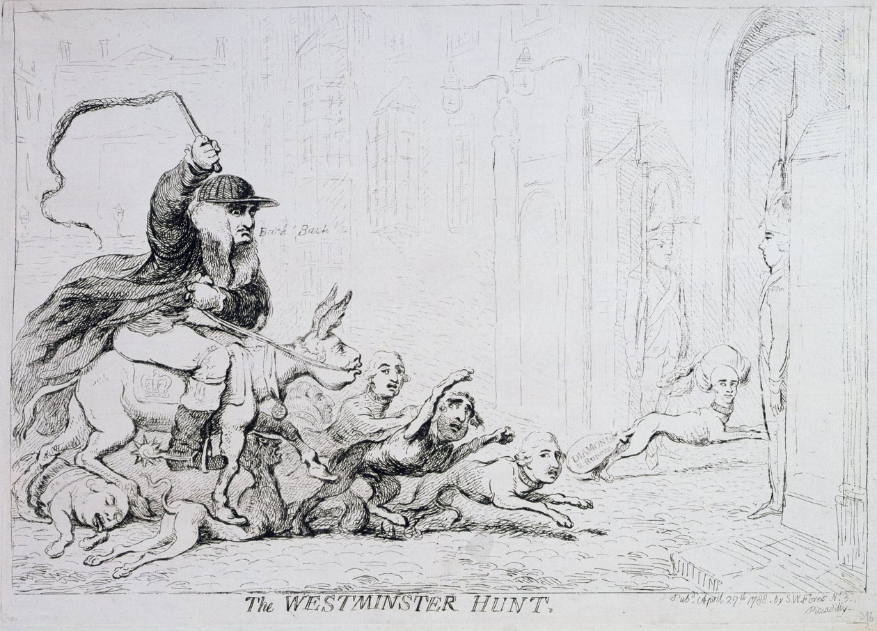 1788年に出版された『ウェストミンスター・ハント』（手彩色の銅版画） 作： ジェームズ・ギルレイ