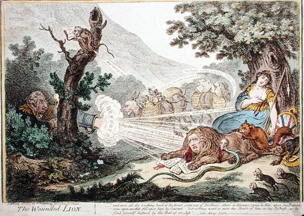 ハンナ・ハンフリーが1805年に出版した「傷ついたライオン」（手彩色の銅版画） 作： ジェームズ・ギルレイ