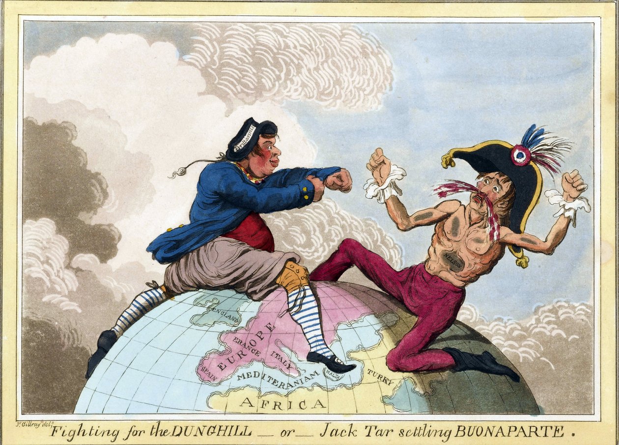 ナポレオン・ボナパルト（1769～1821年）に対するダンヒルズまたはジャック・タール（イギリス海軍の兵士を代表する）の戦い。 作： ジェームズ・ギルレイ