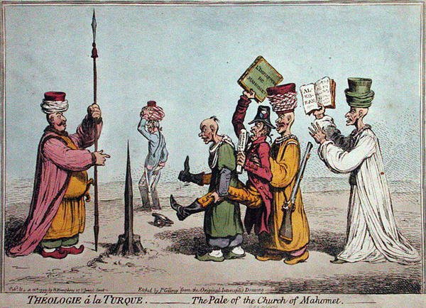 1799年にハンナ・ハンフリーが出版した『Theologie a la Turque, The Pale of the Church Mahomet』（手彩色エッチング）。 作： ジェームズ・ギルレイ