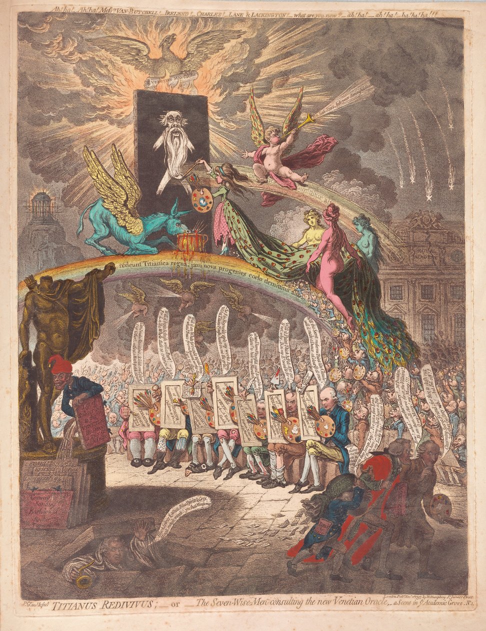Titianus RedivivusまたはSeven Wise Menが新しいベネチアンオラクル（Academic Grove No.1パブのシーン）をコンサルティング1797年（手描きの彫刻） 作： ジェームズ・ギルレイ