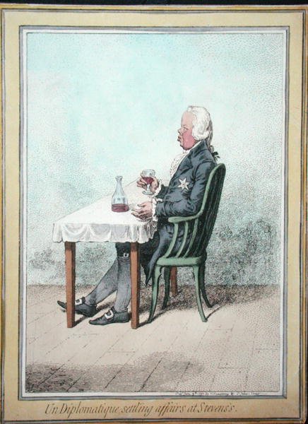ハンナ・ハンフリーが1797年に出版した「スティーブンスで問題を解決する外交官」（手彩色の銅版画） 作： ジェームズ・ギルレイ