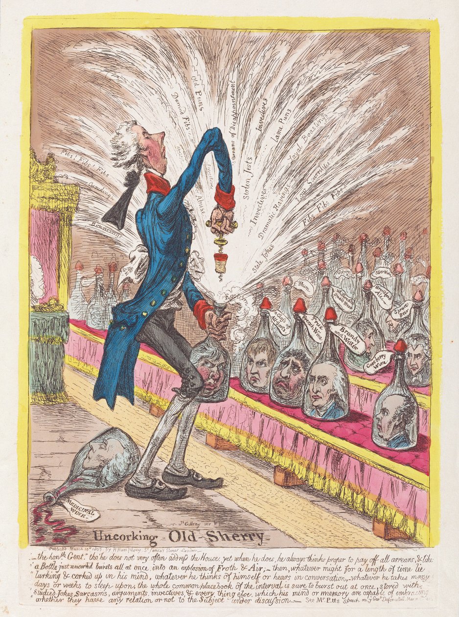 オールドシェリーの栓を抜くこと、パブ。 1805（手描きの彫刻） 作： ジェームズ・ギルレイ
