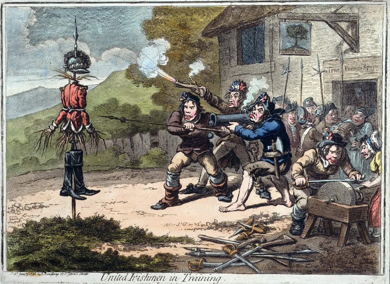 トレーニング中のユナイテッドアイルランド人、Hannah Humphreyによる発行、1798年（アクアチント） 作： ジェームズ・ギルレイ