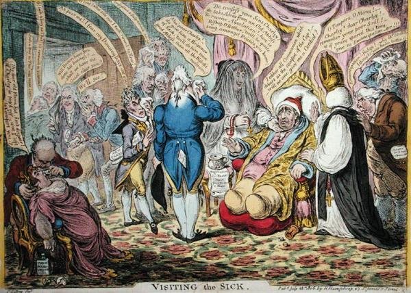 ハンナ・ハンフリーが1806年に出版した「Visiting the Sick」（手彩色の銅版画） 作： ジェームズ・ギルレイ