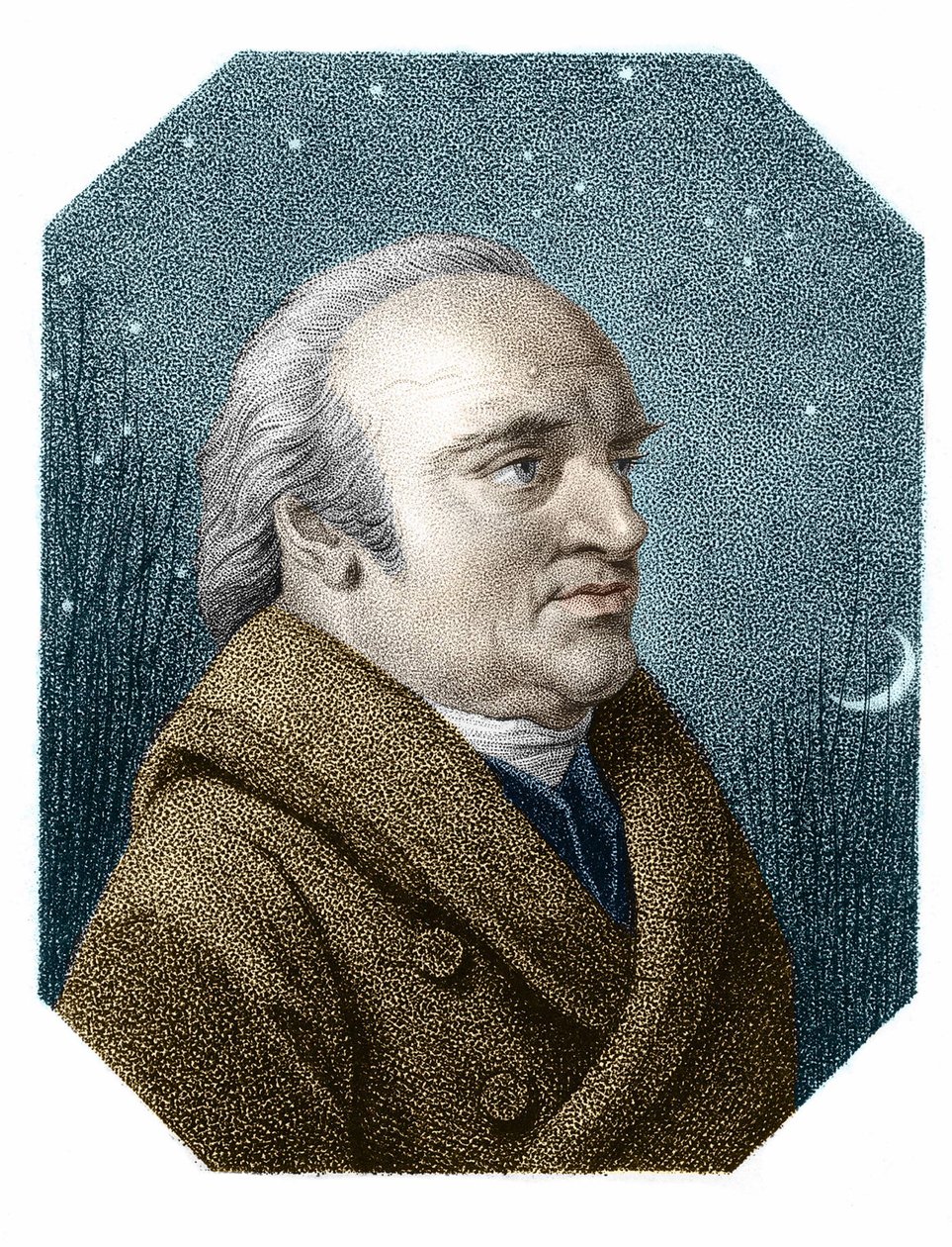 星空を背景にしたウィリアム・ハーシェル (1738 - 1822) の肖像 - ジェームズ・ゴドビーによる銅版画より 作： ジェームス・ゴッドビー