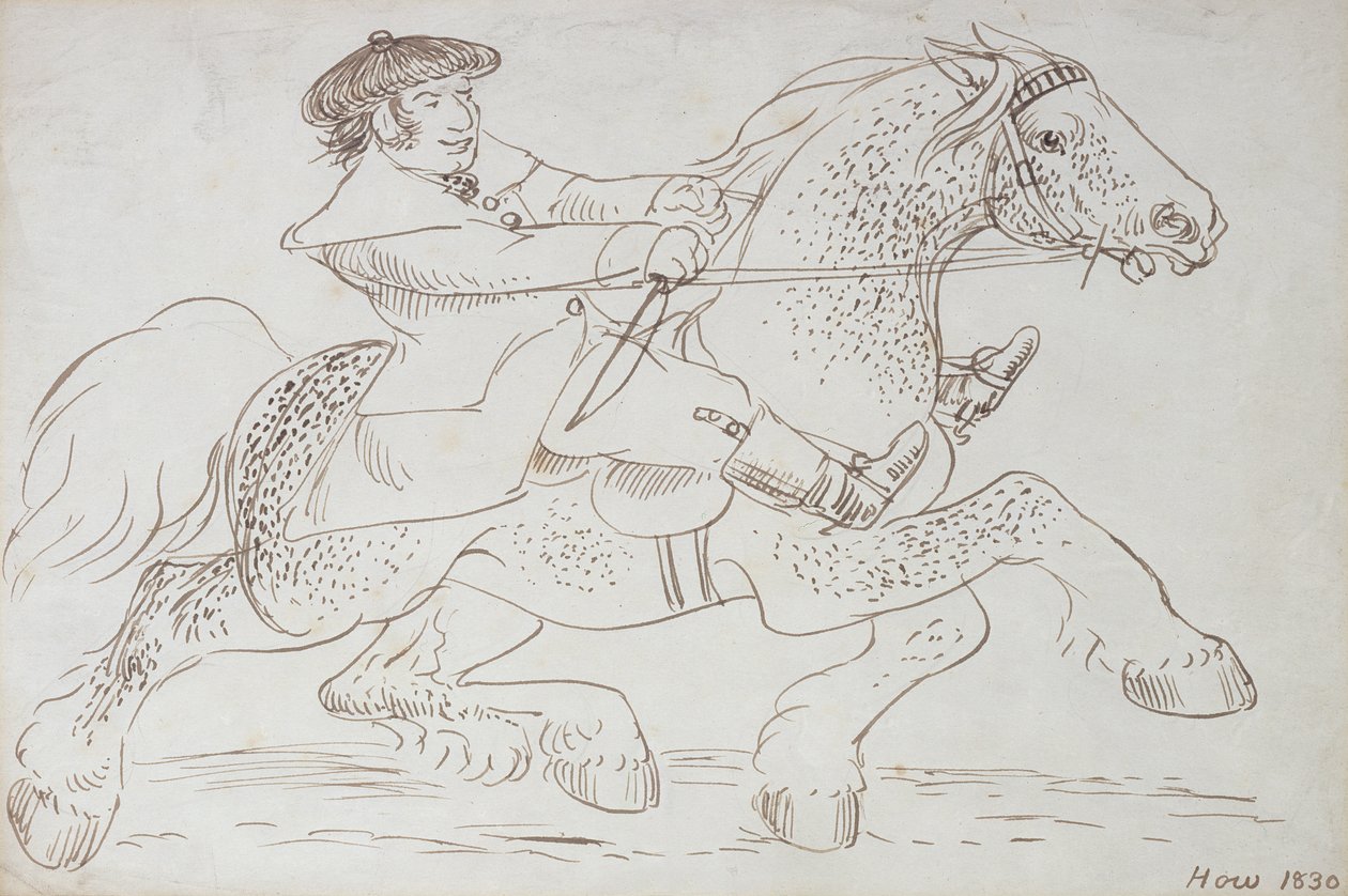 1830年に馬のディーラーが若いクライズデールを歩きます（紙にセピアインク） 作： ジェームス・ハウ