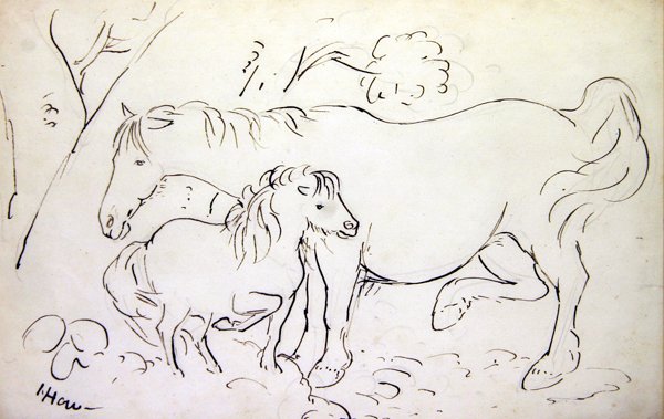 雌馬とその子馬（紙にセピアインク） 作： ジェームス・ハウ
