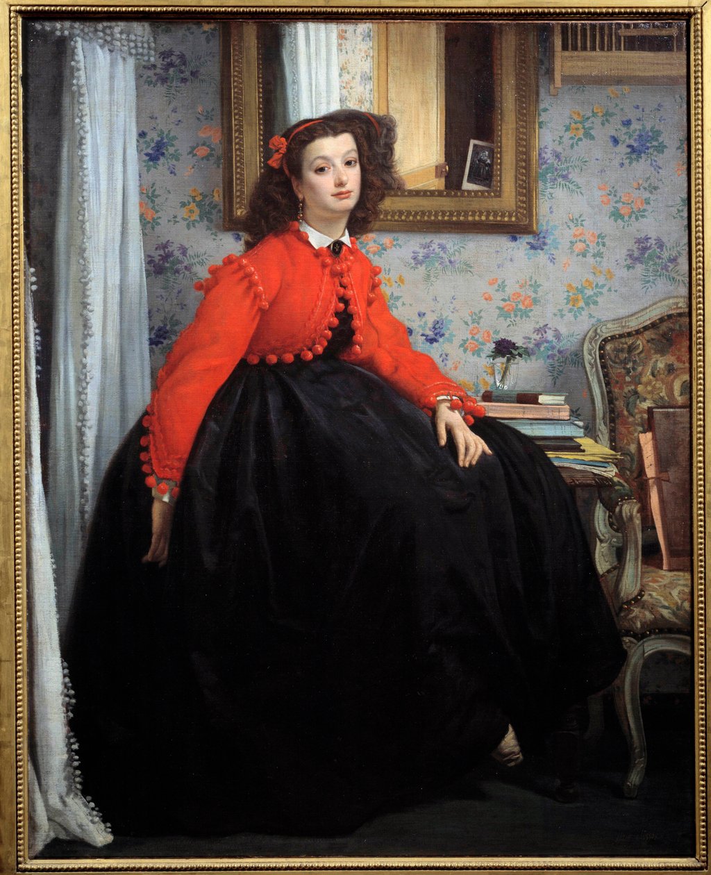 マドモアゼルL.L.の肖像、または赤いジャケットを着た若い娘 ジャック・ジョセフ(Jacques-Joseph) Tissot dit James Tissot (1836-1902) 1864 Sun.1.24x0.99 m パリ、オルセー美術館 作： ジェームズ・ジャック・ジョセフ・ティソ