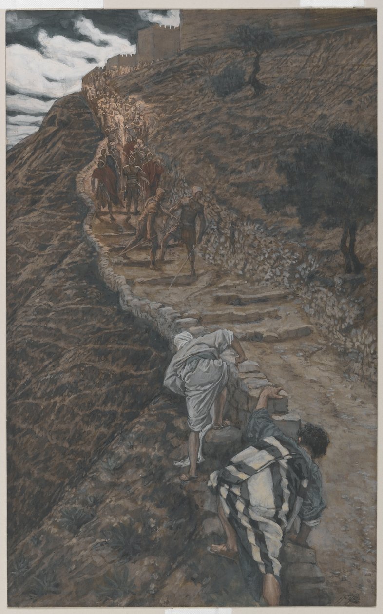 聖ペテロと聖ヨハネは遠くから来ます、私たちの主イエス・キリストの生涯からのイラスト、1886-94（紙のグラファイトの上にトイレ） 作： ジェームズ・ジャック・ジョセフ・ティソ