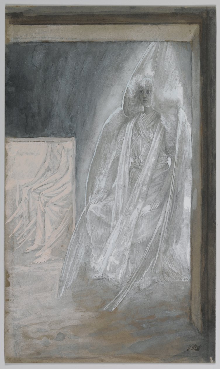 墓の石の上に座っている天使、「私たちの主イエス・キリストの生涯」からの挿絵、1886-94（紙の黒鉛の上にトイレ） 作： ジェームズ・ジャック・ジョセフ・ティソ
