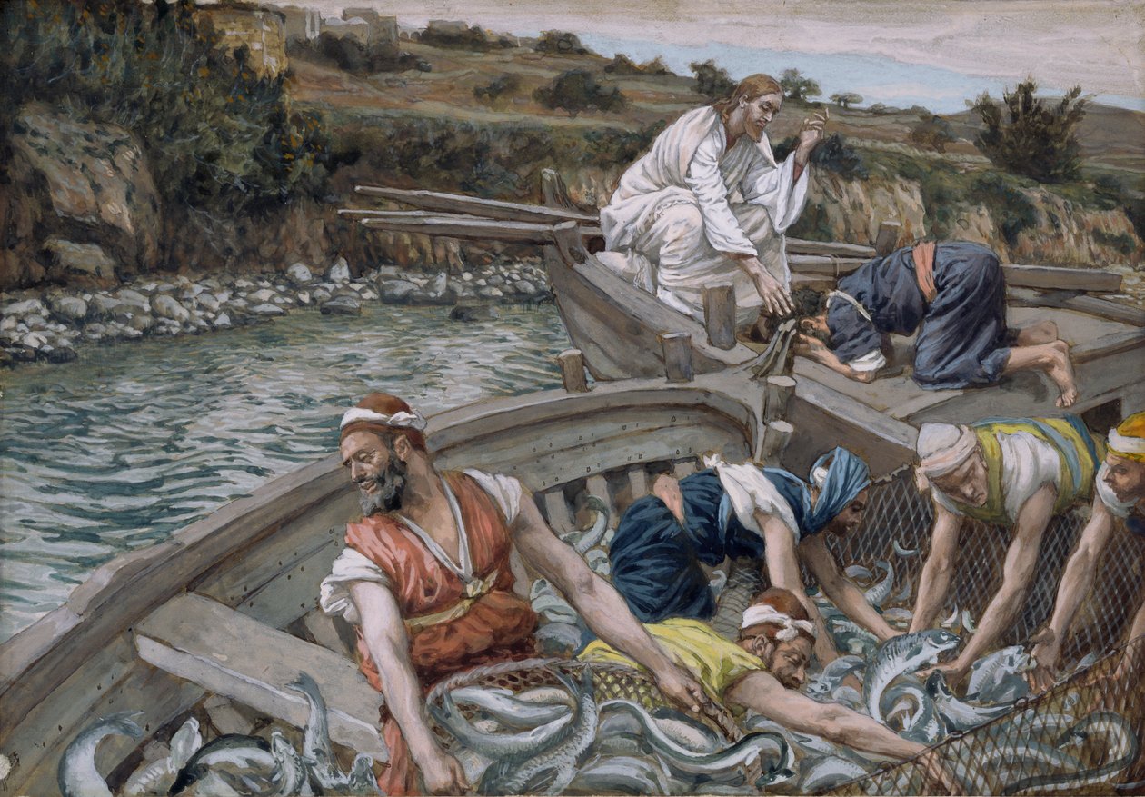 魚の最初の奇跡的なドラフト、「キリストの生涯」のイラスト、1886-94年（板紙にトイレとガッシュ） 作： ジェームズ・ジャック・ジョセフ・ティソ
