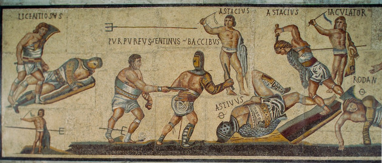 様々な武器で戦う剣闘士を描いたローマ時代のモザイク画。ボルゲーゼ美術館... 作： ジェームス・L・スタンフィールド
