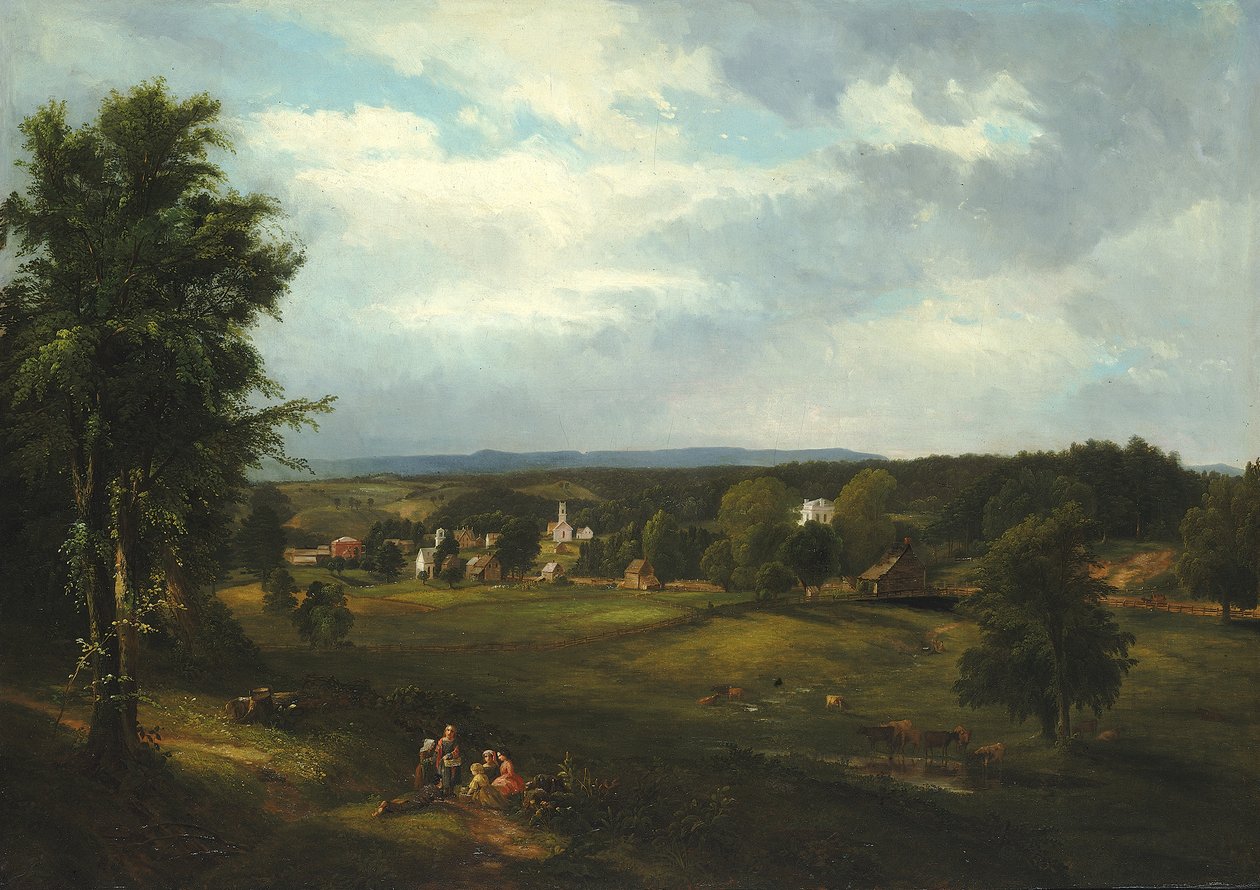 1850年、ニューヨーク州アルバニー近郊の村の風景。 作： ジェームズ・マクドゥーガル・ハート