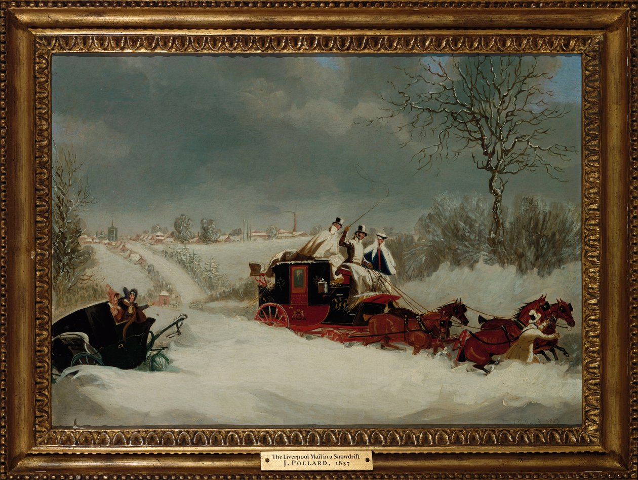 1837年のセントオールバンス近くの吹雪の中のリバプールメール 作： ジェームズ・ポラード