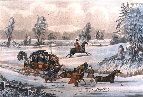 The Mail Coach in a Drift of Snow, G. Reeves, pub. by J. Watson 21/9/1825 (e.g. engraving) 作： ジェームズ・ポラード