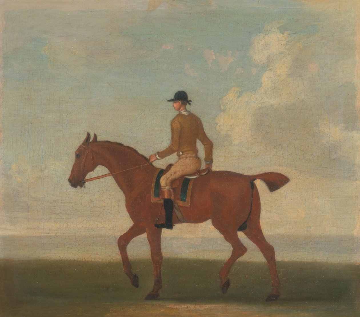 Yksi neljästä hevosen muotokuvasta - kastanjakilpahevonen Jockey Up:lla kävelemässä vasemmalle; jockey ruskeankeltaisessa takissa 作： ジェームズ・シーモア