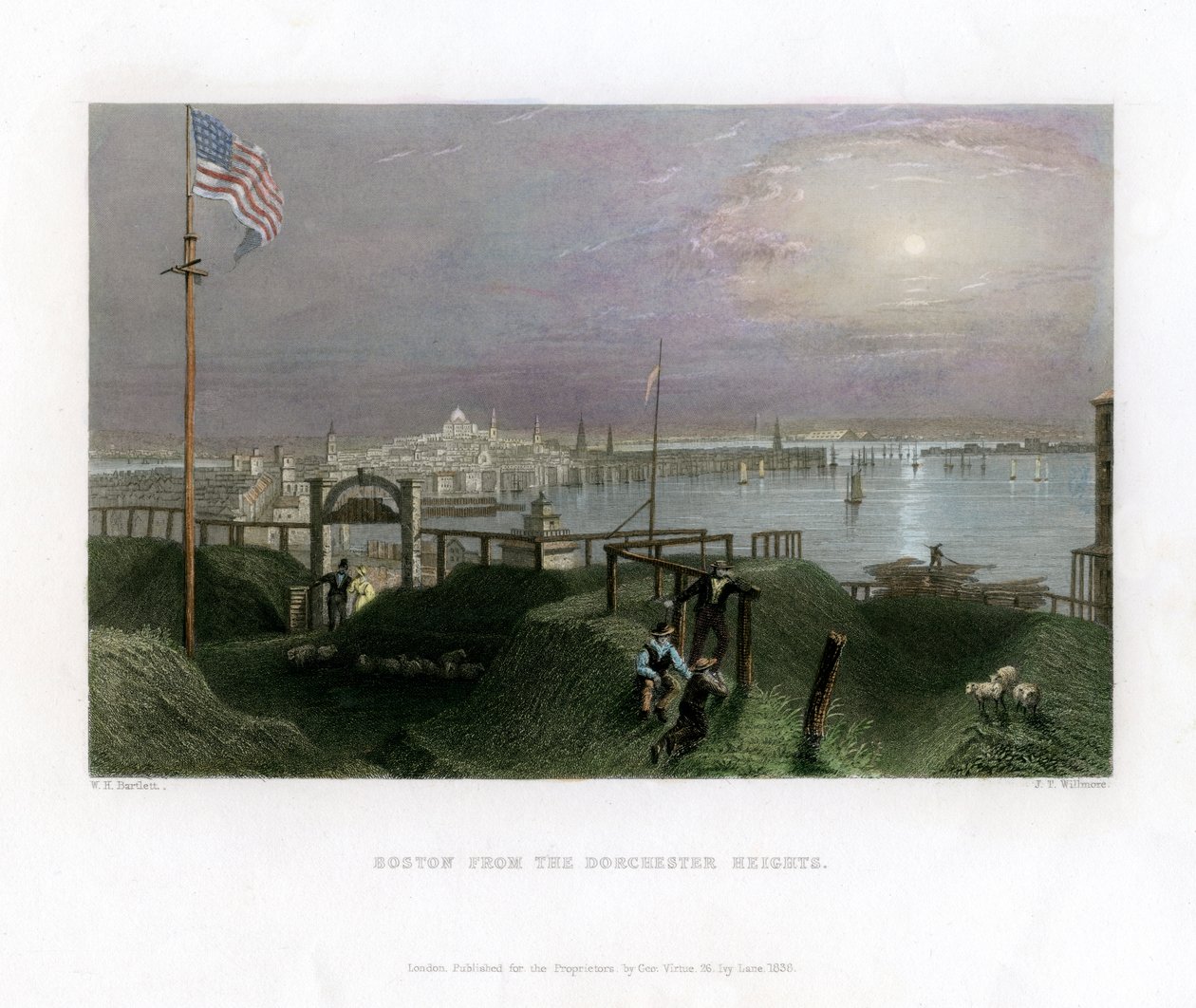 アメリカ合衆国、ドーチェスターハイツから見たボストン、1838年。 作： ジェームズ・ティビッツ・ウィルモア