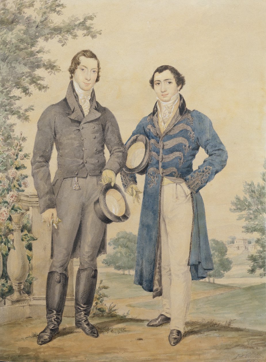 1817年の2人の紳士の肖像画（鉛筆とトイレ、白で強調） 作： ジェームズ・ウォーレン・チルデ