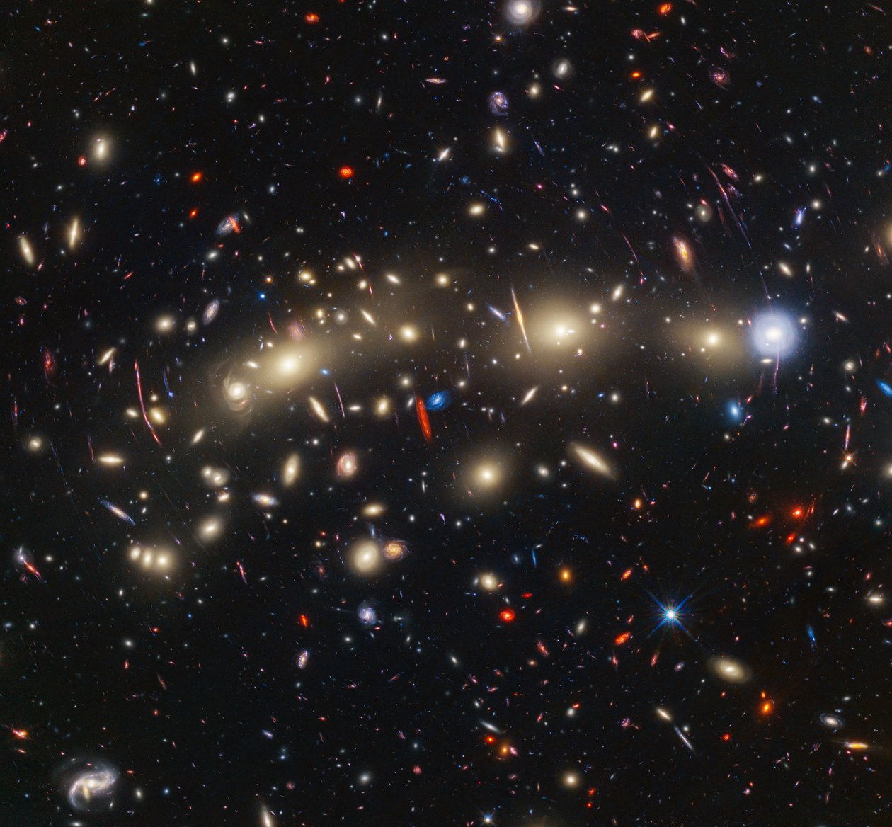 MACS 0416 (ハッブルACSとWFC3 + ウェッブNIRCam画像) 作： ジェイムズウェッブ宇宙望遠鏡（NASA）