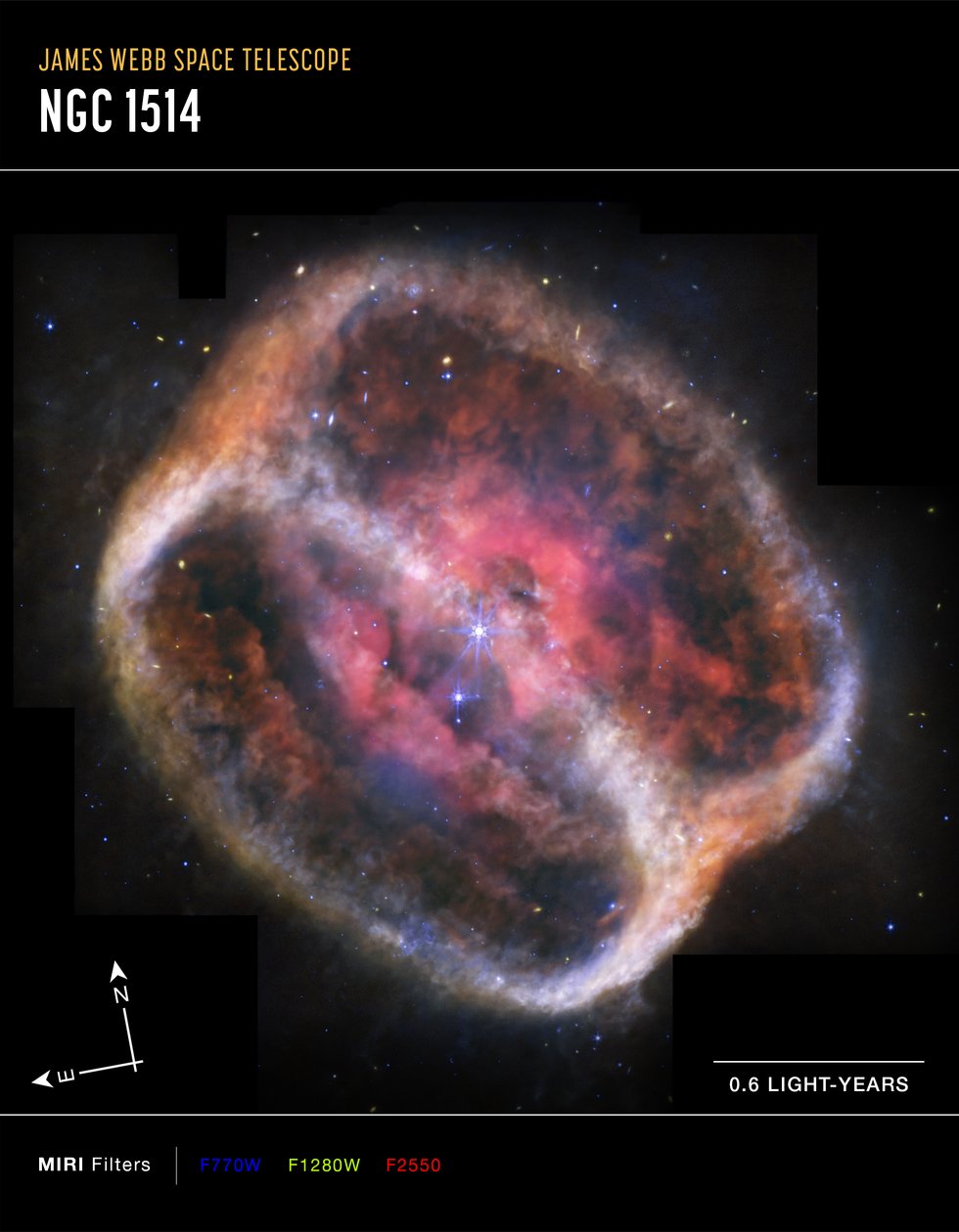 惑星状星雲 NGC 1514（MIRI コンパス画像） 作： ジェイムズウェッブ宇宙望遠鏡（NASA）
