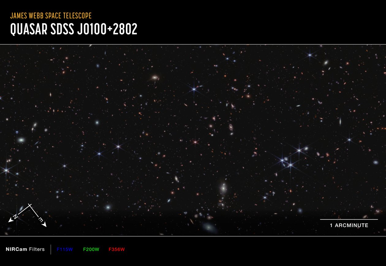 クェーサーJ0100+2802（NIRCamコンパス画像） 作： ジェイムズウェッブ宇宙望遠鏡（NASA）