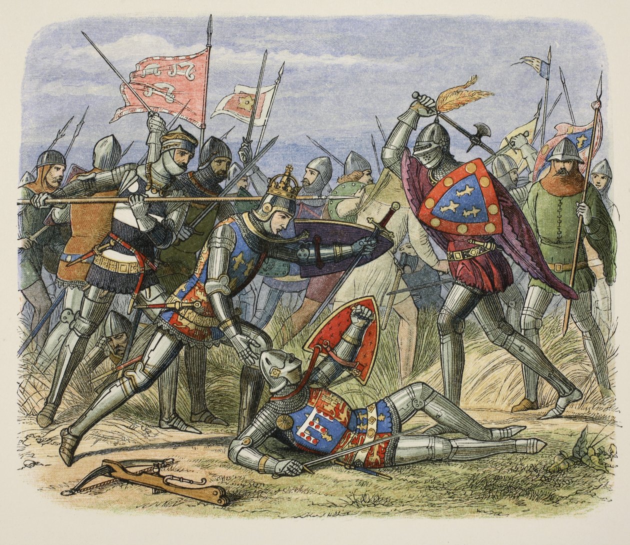 ヘンリー5世、戦場でアレンコン公爵に襲われる、A Chronicle of England BC 55 to AD 1485、パブ。ロンドン 作： ジェームズ・ウィリアム・エドマンド・ドイル