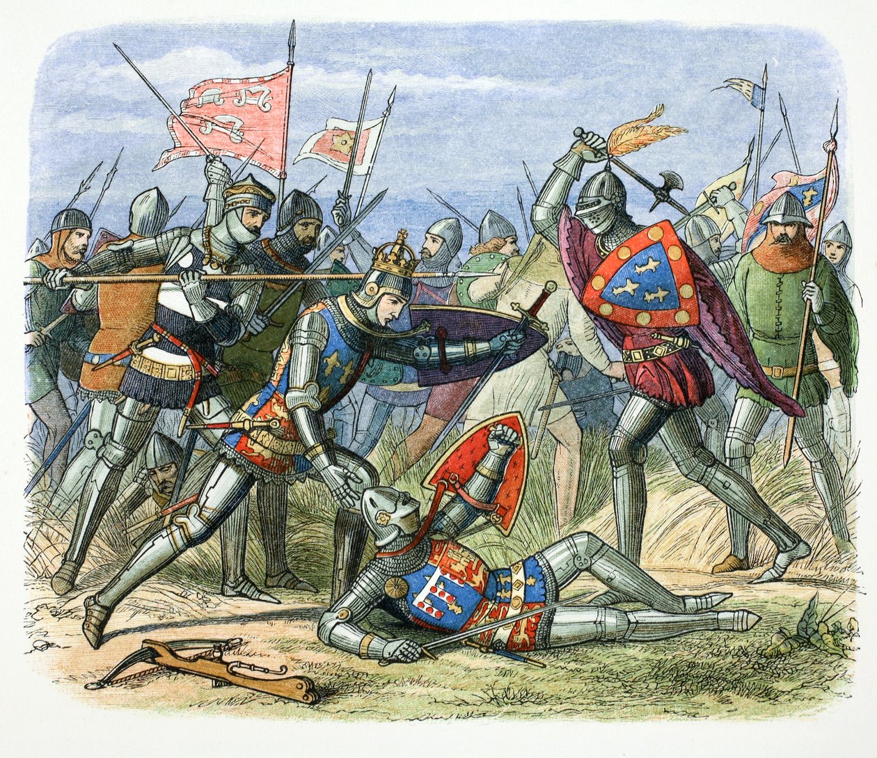 アジャンクールの戦いでアランソン公に攻撃されたイングランドのヘンリー 5 世、1415 年、1864 年 作： ジェームズ・ウィリアム・エドマンド・ドイル