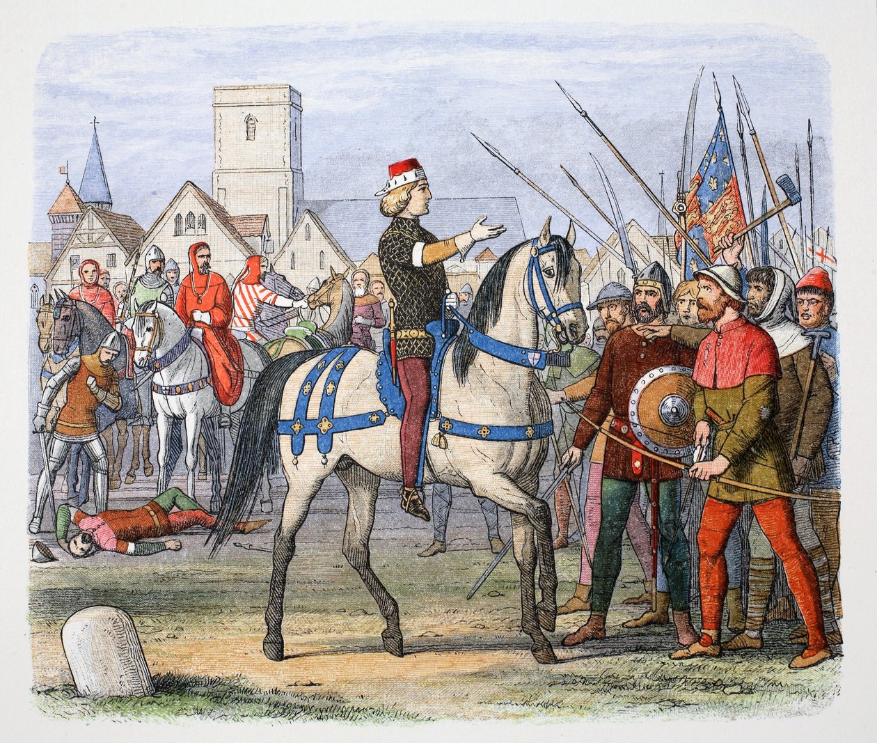 リチャード 2 世はスミスフィールドで反乱軍と会談、農民の反乱、1381 年、1864 年。 作： ジェームズ・ウィリアム・エドマンド・ドイル