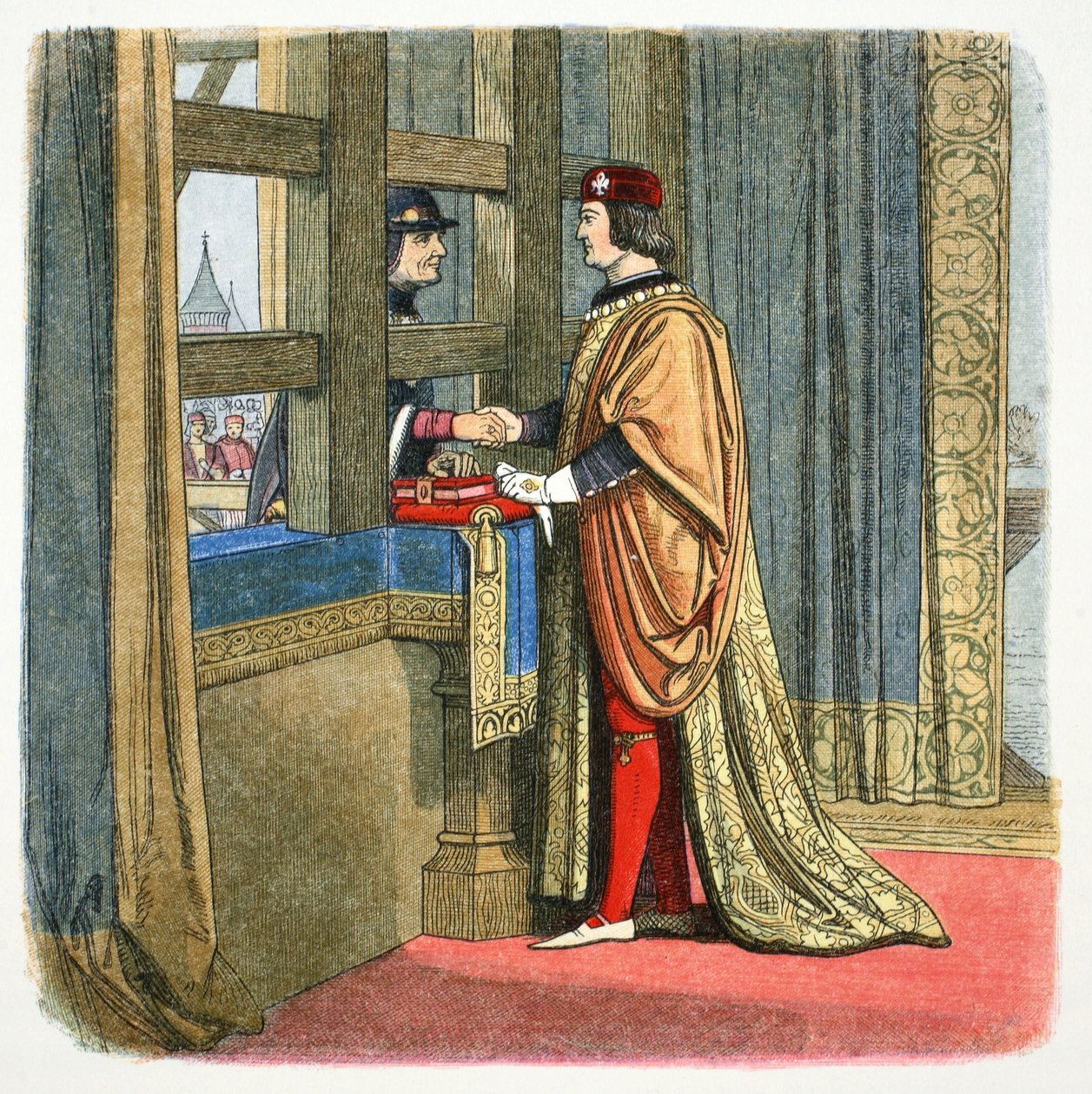 フランスのピキニーでのイングランドのエドワード4世とフランスのルイ11世の会談、1475年1864年 作： ジェームズ・ウィリアム・エドマンド・ドイル