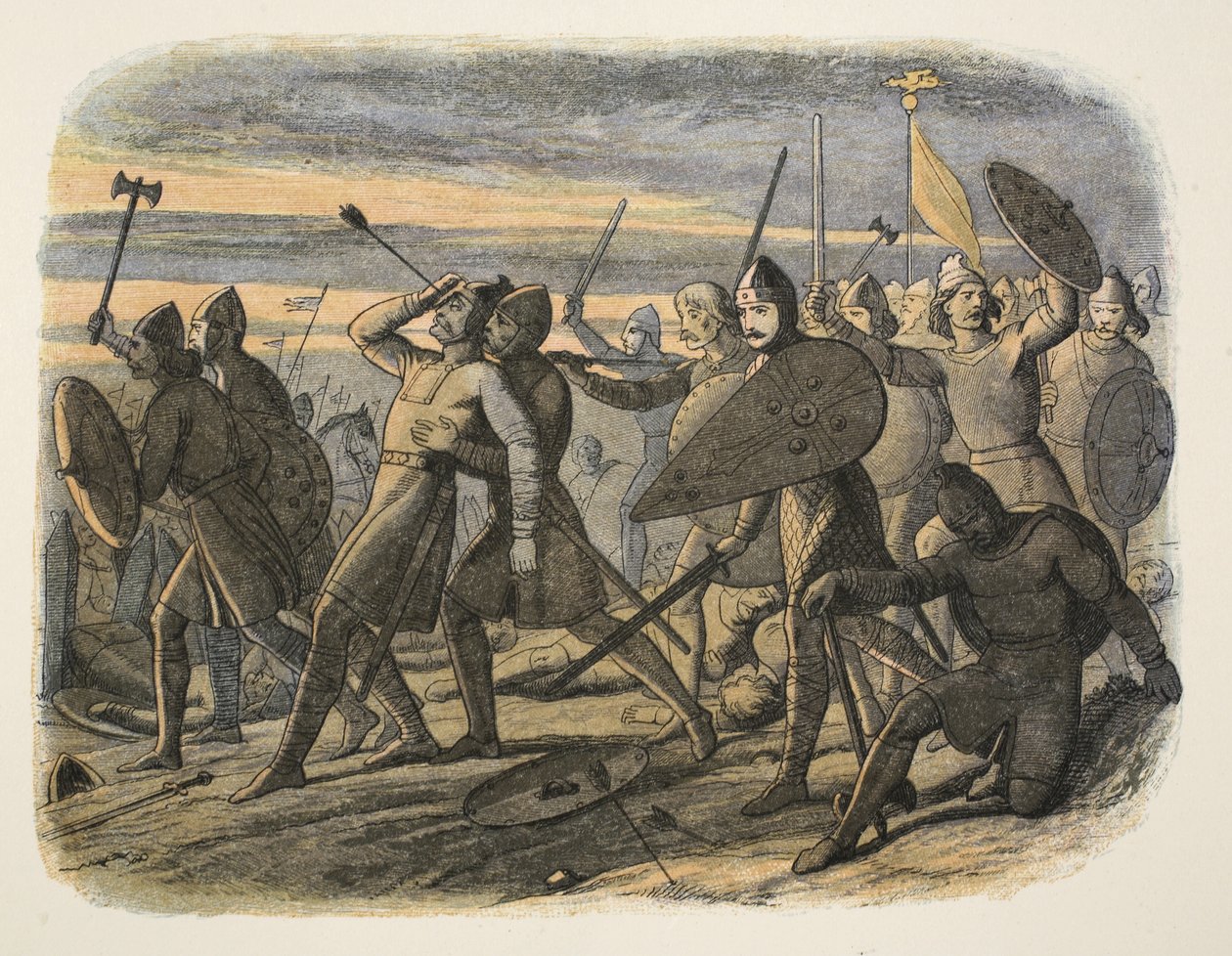 ヘイスティングスの戦いでのハロルド2世の死、1066年、イングランドのクロニクル紀元前55年からパブAD 1485までロンドン、1863 作： ジェームズ・ウィリアム・エドマンド・ドイル