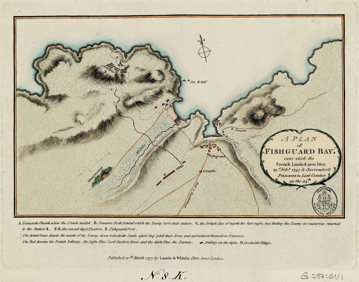1797年2月22日、フランス軍が1200人を上陸させ、24日にコーダー卿に捕虜を投降させたフィッシュガード湾付近の見取り図。 作： ジェームズとローリー・ロバート (1755 1836) ホイットル