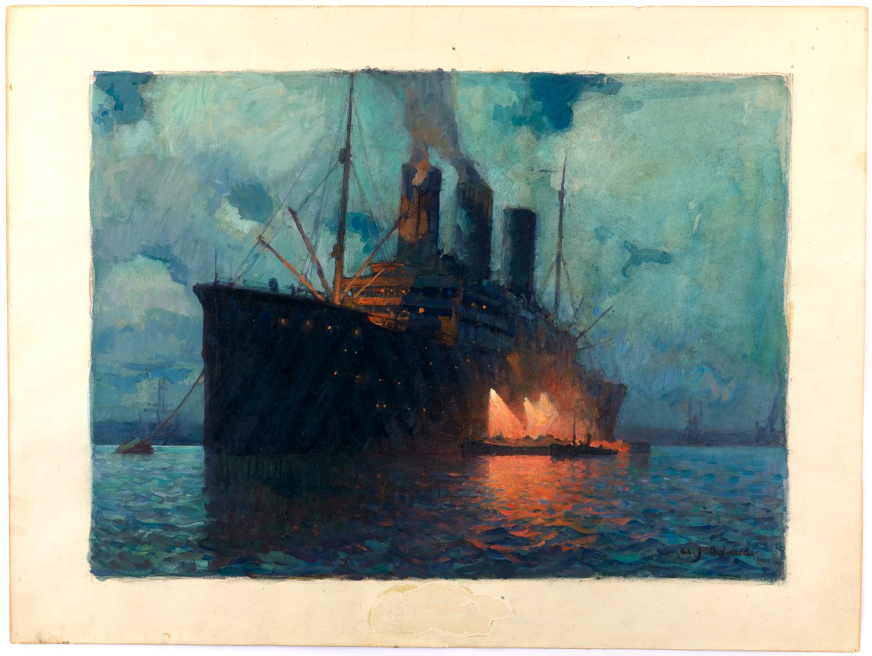夜の輸送船への給油、1919年頃（油彩、板紙） 作： ジェームス・ド・ヴァイン・アイルワード