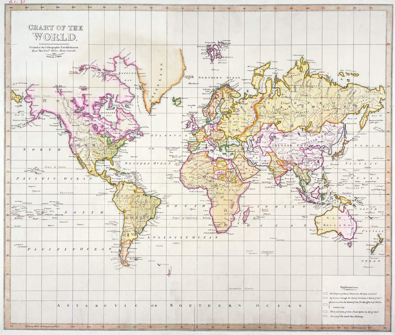 世界地図、リソグラフィー施設で印刷、ホースガード、1821年（カラーリトグラフ） 作： ジェームズ・ザ・エルダー・ワイルド