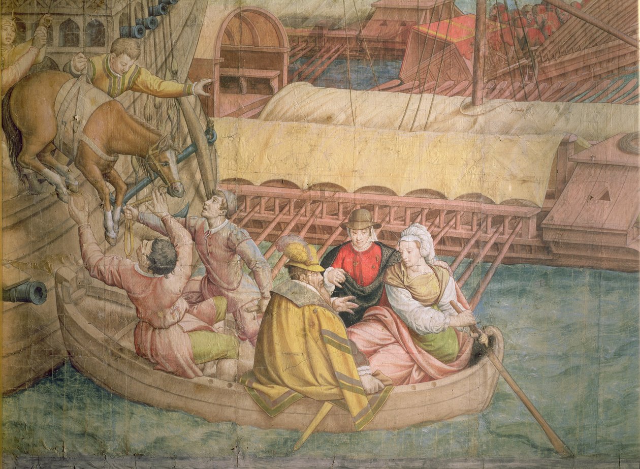 1535年のチャールズ5世皇帝のチュニスでのトルコ人に対するキャンペーン：ゴレッタの戦い、ボートに降ろされた馬の詳細、タペストリーの漫画（木炭と紙の紙） 作： ヤン・コルネリス・ヴェルメイエン