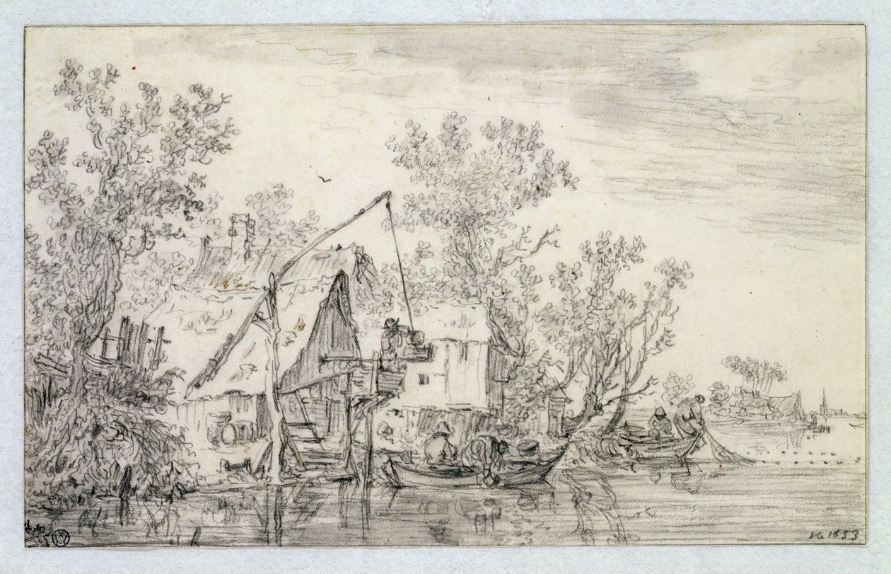 樹木が茂った川の風景、1653 作： ヤン・ジョセフス・ヴァン・ゴイエン