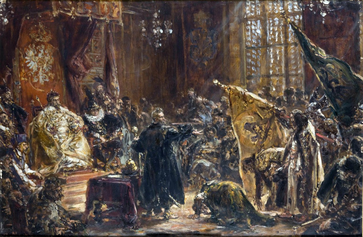 Zólkiewskiによってもたらされたロシアの皇帝ヴァシリIV Shuyski 作： ヤン・アロジ・マテイコ