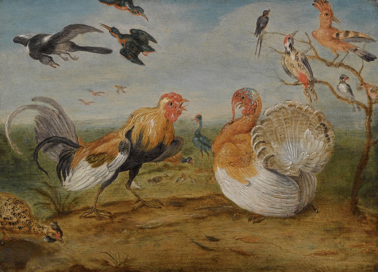 おんどりと七面鳥の喧嘩、その他の家禽のいる風景 作： ヤン・ファン・ケッセル長老