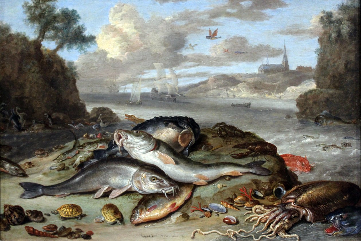 沿岸景観における魚と海洋生物のある静物 作： ヤン・ファン・ケッセル長老