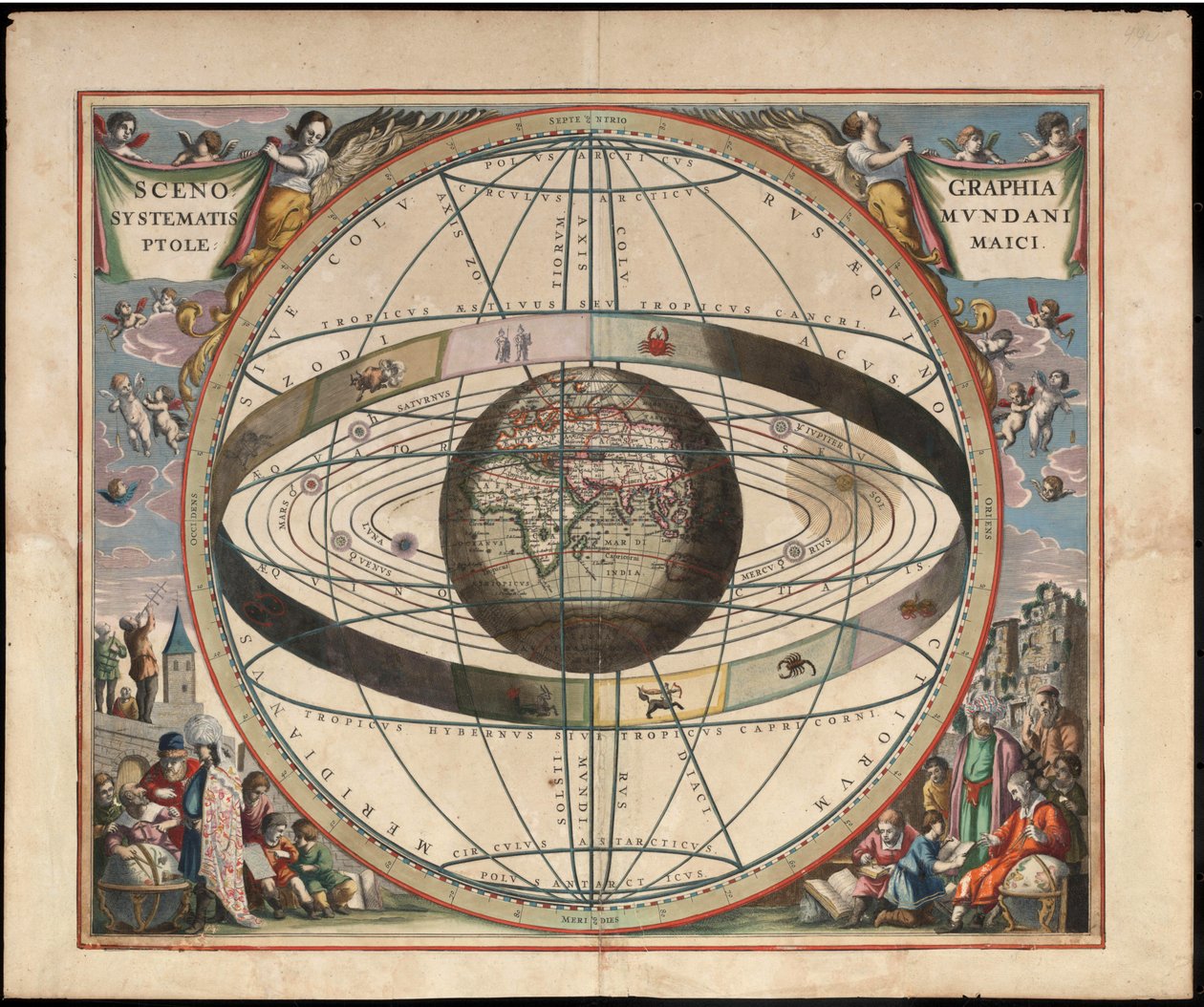 Andreas Cellarius Harmonia Macrocosmica、1660-61から。世界を中心とした黄道帯と太陽系の兆候を示すグラフ。プレート2 作： ヤン・ファン・ルーン