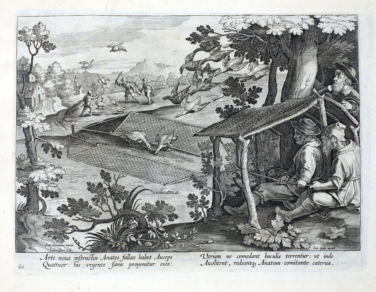 ヤン・コラート（1566-1628）によって刻まれた、 &39;Venationes、Ferarum、Avium、Piscium&39;（Of Hunting：Wild Beasts、Birds、Fish）のイラストによる、アヒルを狩猟するための新しい方法。フィリップス・ガレウス、アムスター 作： ヤン・ファン・デル・ストレイト