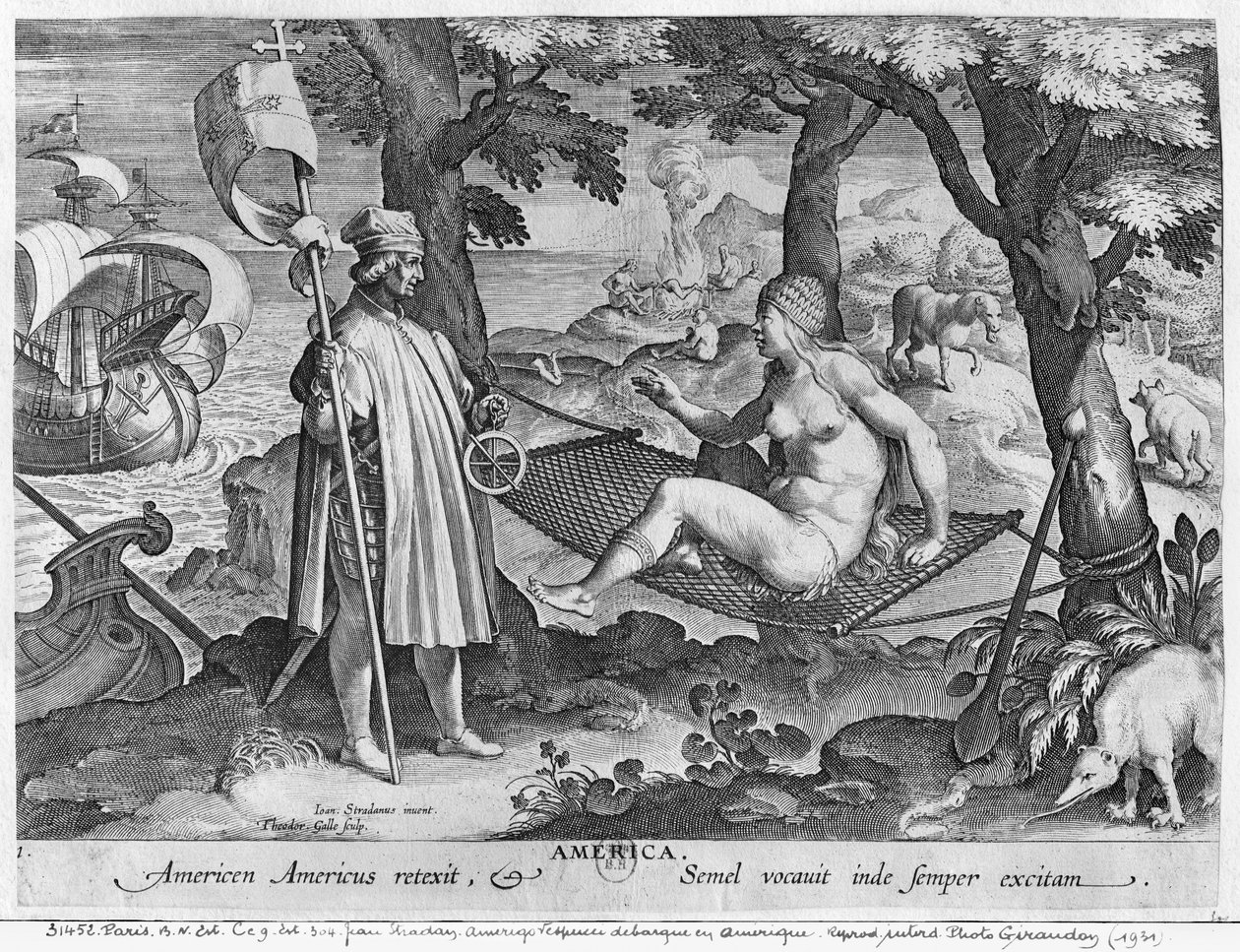 アメリゴヴェスプッチ（1454-1512）がアメリカに上陸、テオドールゴール（1571-1633）が刻印 作： ヤン・ファン・デル・ストレイト